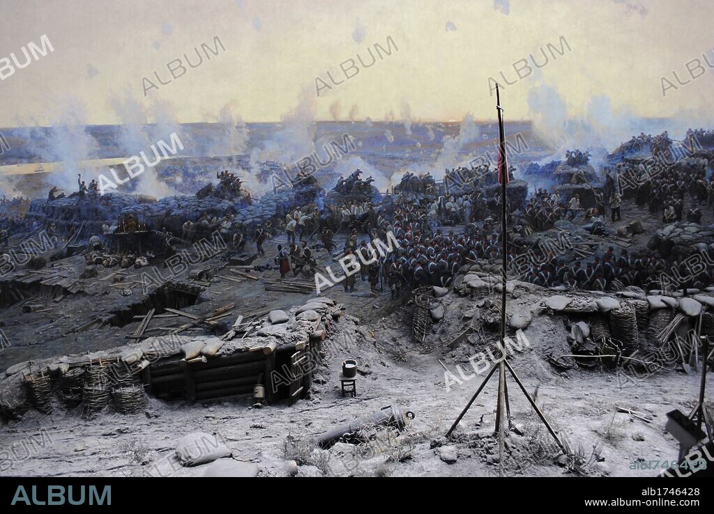 Crimean War (1853-1856). Siege of Sevastopol, 1854-1855, by Franz Alekseyevich Roubaud (1856-1928). The city, on the Black Sea, was besieged for 11 months. Detail. Museum of Heroic Defense and Liberation of Sevastopol. Crimean Peninsula. Ukraine.