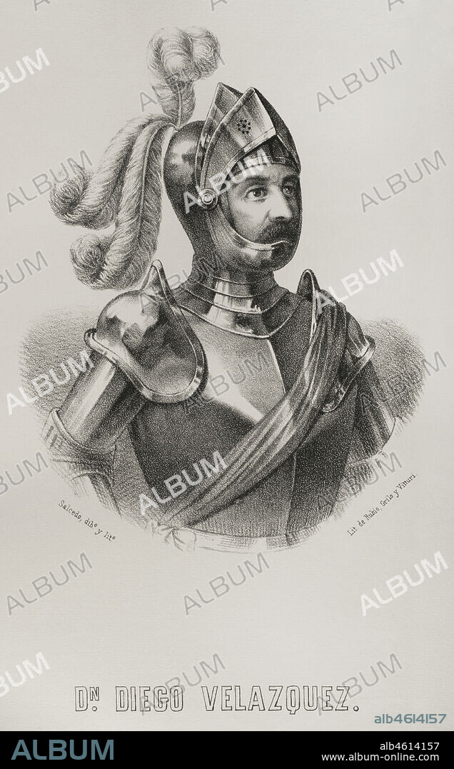 ISIDORO SALCEDO. SPANISH PAINTER, LITHOGRAPHER AND CARTOONIST,19TH CENTURY.. Diego Velázquez de Cuéllar (h. 1464-1524). Conquistador español. Gobernador de la isla de Cuba desde 1511. Retrato. Dibujo por Salcedo. Litografía. Crónica General de España, Historia Ilustrada y Descriptiva de sus Provincias. Las Antillas, 1871.