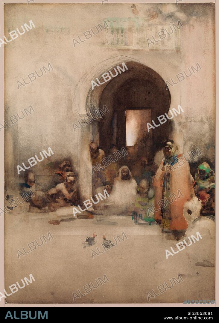 Cock Fight. Artist: Arthur Melville (British, 1858-1904). Dimensions: Sheet: 33 x 23 in. (83.8 x 58.4 cm). Date: 1900.
Nearly twenty years after he visited the Middle East, the Scottish painter Melville depicted a cockfight he had seen in Muscat, Oman, in 1881. Associated with the progressive "Glasgow Boys," the artist avoided romantic Orientalism and created muted effects using a distinctive "blottesque" technique. Inspired by the tonal paintings of Whistler and the formal qualities of Japanese prints, he applied large droplets of color, manipulated with sponge and brush, to suggest seated onlookers grouped around a colorfully dressed standing man. The two roosters that face off at center are rendered with abbreviated strokes of black and red touched with white. While the figures seem to melt together, the architectural setting provides structure, with a striking arched opening receding into shadows pierced by a bright rectangular window.