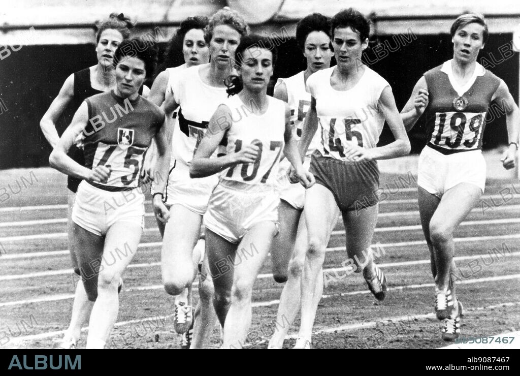 Japan, Tokyo Olympic Games, 1964: Finish of the 800m women's race . #55 is Ann Packer (3rd right) of Great Britain who won gold medal.