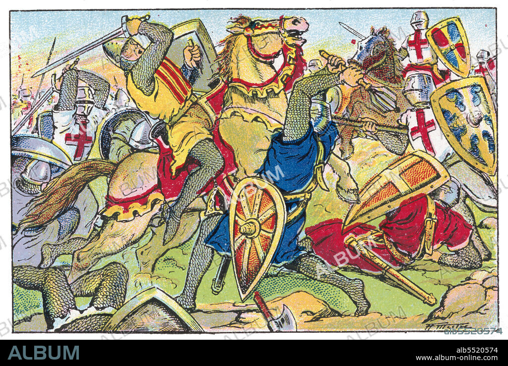ALBERT MESTRE MORAGAS. Historia de Catalunya. Batalla de Muret durante la llamada cruzada albigense que enfrentó en 1213 a Pedro II de Aragón, sus vasallos y aliados, contra las tropas cruzadas y las de Felipe II de Francia. Cromo de Xacolata Juncosa. Año 1932.