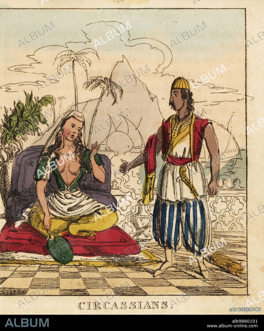 Costumes of the Circassians, 19th century. A woman in low-cut robe, skirt and harem pants seated on a divan. A Man in waistcoat, shirt and striped harem pants with dagger. Handcoloured copperplate engraving from The World in Miniature, or Panorama of the Costumes, Manners & Customs of All Nations, John Bysh, London, 1825.