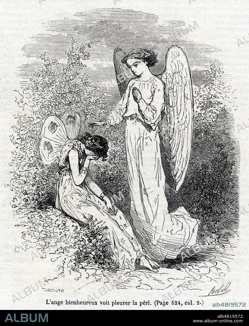 L'ange bienheureux voit pleurer la Peri (fee ou elfe en persan). Illustration de BERTALL (1820-1882) Le paradis et la Peri de Thomas MOORE (1779-1852) repris dans le Journal pour Tous du 15 novembre 1856. Credit : Collection Kharbine-Tapabor.