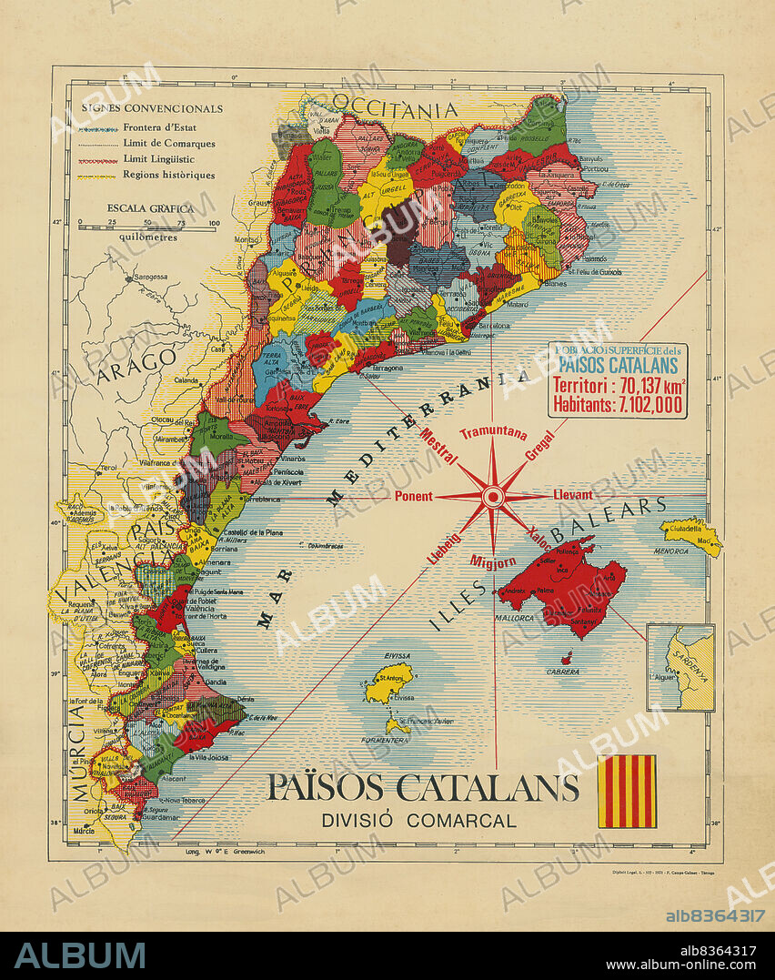 Catalunya. Mapa comarcal dels Països Catalans. Año 1971.