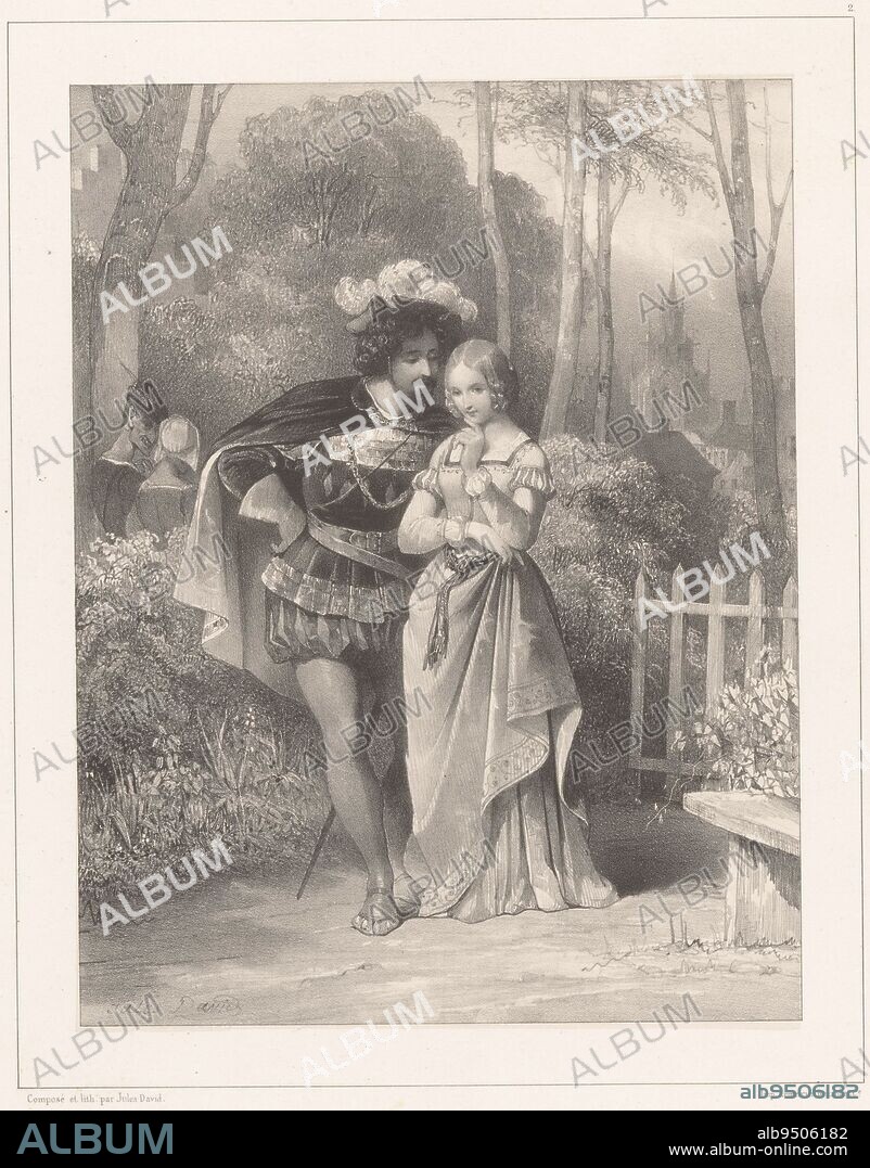 Faust and Gretel Faust et Marguerite Famous love couples Les amants c, print maker: Jules David (1808-1892), (mentioned on object), Jules David (1808-1892), (mentioned on object), printer: Benard Lemercier & Cie, (mentioned on object), Paris, 1841 - 1843, paper, h 568 mm × w 399 mm.