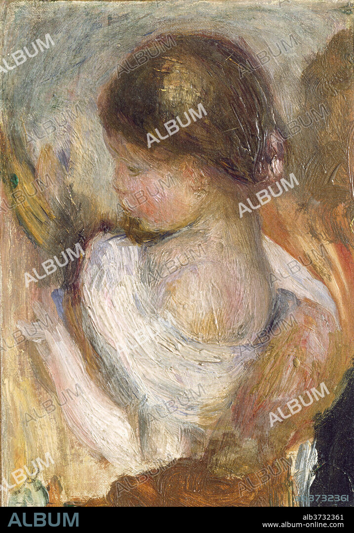 AUGUSTE RENOIR. Young Girl Reading. Dated: c. 1888. Dimensions: painted surface: 14.8 x 10.7 cm (5 13/16 x 4 3/16 in.)  overall size: 15.5 x 11 cm (6 1/8 x 4 5/16 in.)  framed: 30.8 x 29.5 x 5.1 cm (12 1/8 x 11 5/8 x 2 in.). Medium: oil on canvas.