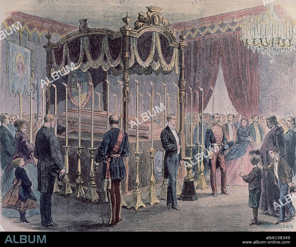 CAPILLA ARDIENTE  DEL GENERAL NARVAEZ EN MADRID EL 23 DE ABRIL DE 1868 - GRABADO SIGLO XIX.