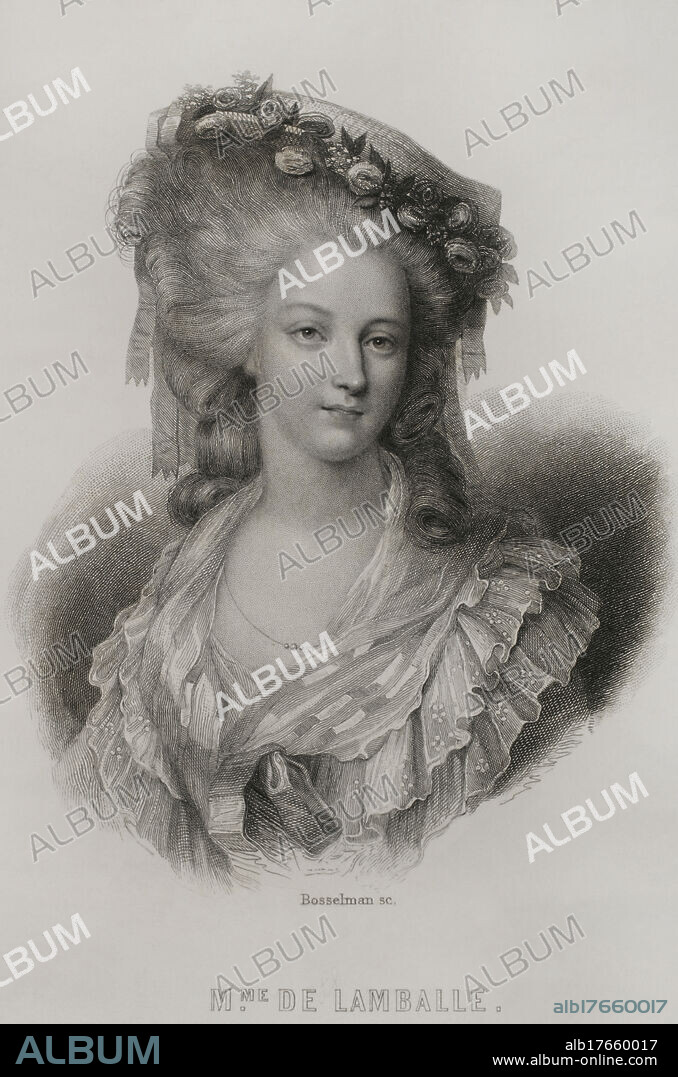 María Teresa Luisa de Saboya-Carignano (1749-1792). Princesa de Lamballe. Aristócrata francesa. Amiga personal y confidente de la reina María Antonieta. Fue asesinada en septiembre de 1792 durante las masacres de septiembre. Retrato. Grabado por Bosselman. Histoire de la Révolution Française, por M.A. Thiers. Tomo II. París, Furne et Cie, 1845.