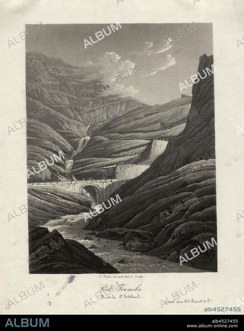 Pont Tremola, Tremolabrücke on the Gotthard route, Fig. 8, p. 48, Suter, Jakob (ad. nat. del. et sc.), 1833, Karl Franz Lusser, Joseph Meinrad Kälin, Jakob Suter: Funfzehn Ansichten der neuen St. Gotthards-Strasse vom St. Gotthard-Hospiz bis Lugano. Zürich: bey Heinrich Füssli, 1833.