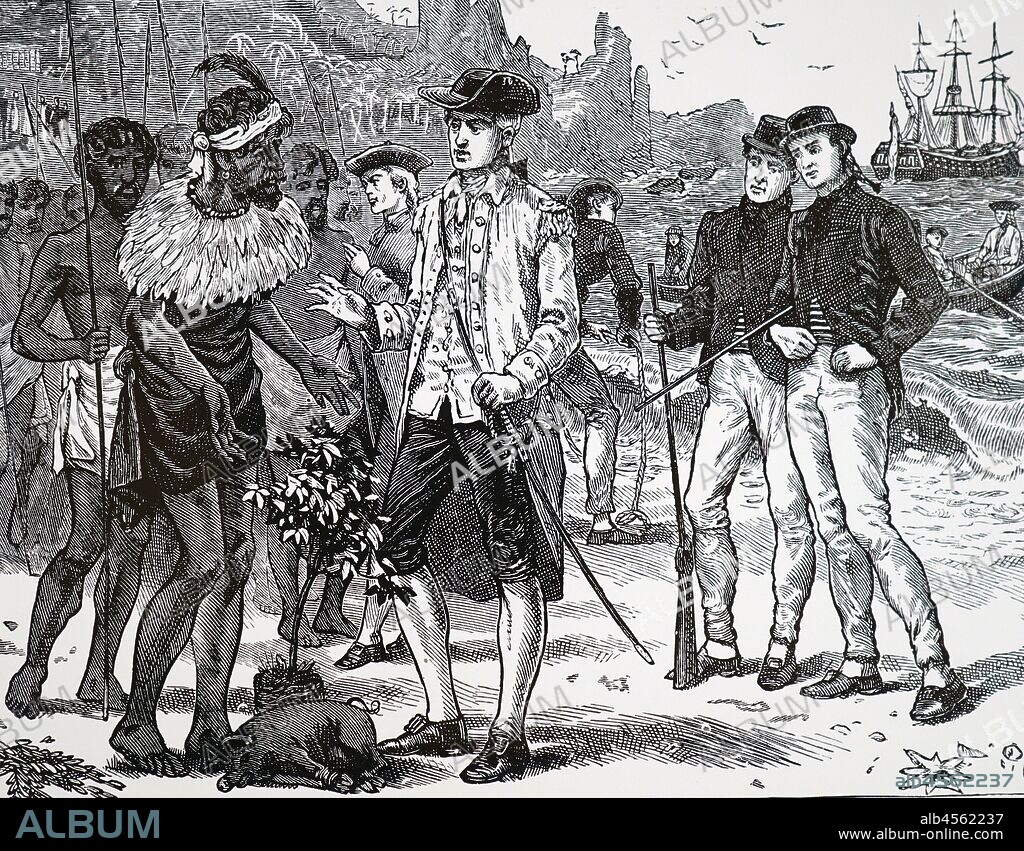 An engraving depicting The crew of HMS Bounty . landing on Otaheiti (Tahiti) and being presented with gifts of a small pig and a plantain. 1788. The purpose of William Bligh's voyage in HMS.Bounty.(1788) was to col1ect. Breadfruit plants from Otaheite (Tahiti) in the Pacific islands so that they could be grown in the West Indi es as a cheap source of food for Slaves. 1815.