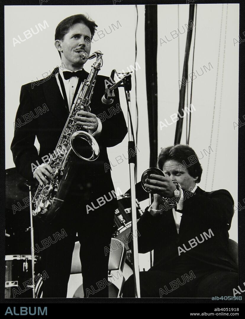 Scott Hamilton (tenor saxophone and Warren Vache (trumpet) performing at Knebworth, Hertfordshire, 1982.