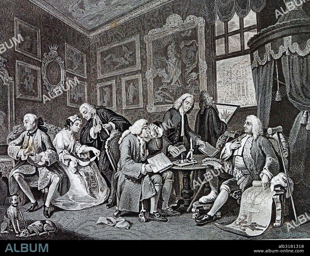 The Marriage Settlement from Marriage à-la-mode, 1743 - 1745; by William Hogarth. depicts an arranged marriage between the son of bankrupt Earl Squanderfield and the daughter of a wealthy, miserly city merchant. By William Hogarth (1697 – 1764). English painter, printmaker, satirist.
