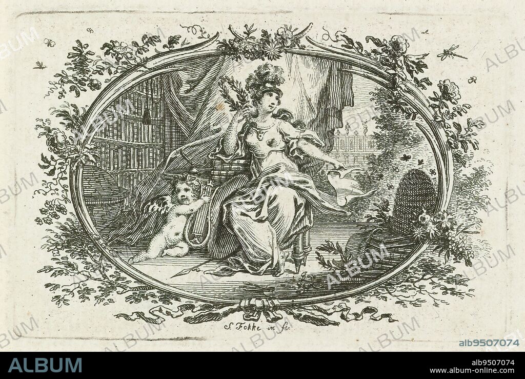 Minerva as Patroness of Education and the Arts, In an oval, Minerva is shown in a library holding a sheet of paper and a laurel wreath. She points to the beehive that sits next to her on a stack of books. At her feet, a putto plays the lyre. The oval is decorated all around with flower branches and insects., print maker: Simon Fokke, (mentioned on object), after own design by: Simon Fokke, (mentioned on object), Amsterdam, 1722 - 1784, paper, etching, height 61 mm × width 91 mm.