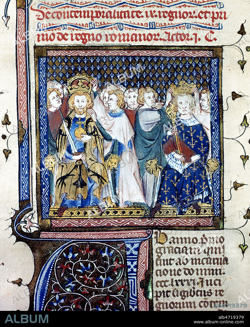 Couronnement de LOUIS IX et de Frederic II de Hohenstaufen. Miroir historial , par Vincent de Beauvais, 14eme siecle (XIVe XIVeme s. ) Manuscrit medieval, conserve a la bibliotheque de la Sorbonne a Paris. Ms 54/57 f°4Credit Collection JEAN VIGNE/KHARBINE TAPABOR.