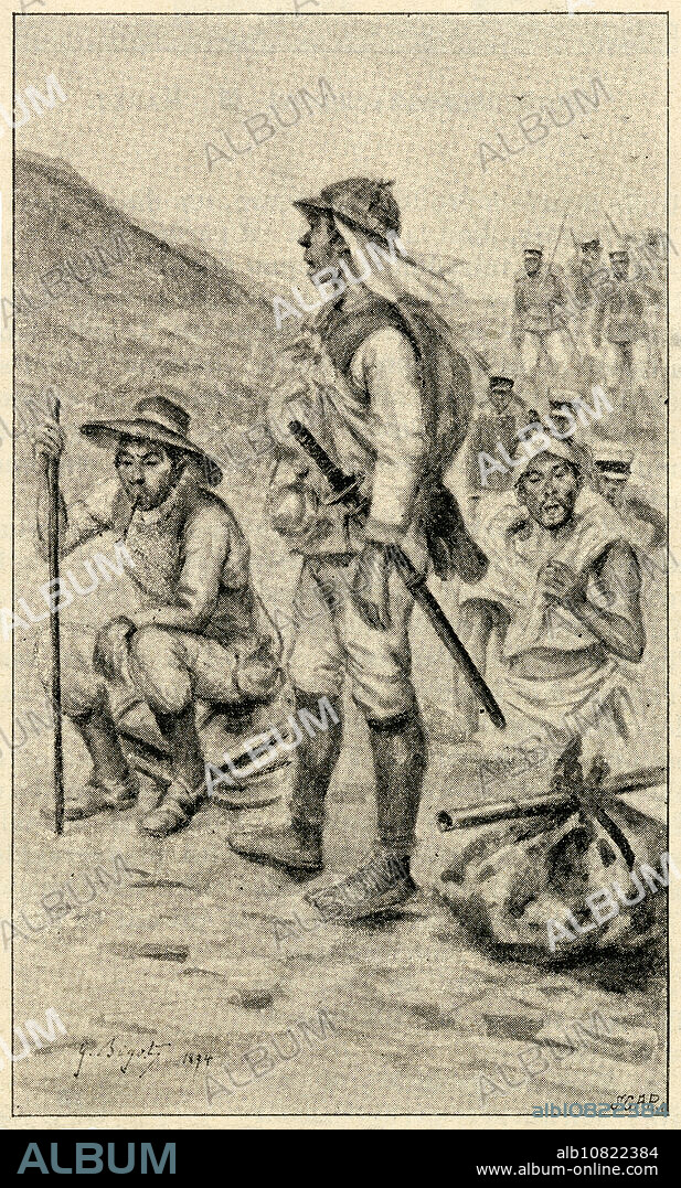 [ 1890s Japan - First Sino-Japanese War (18941895) ] Civilian porters with the Japanese Imperial Army in Korea during the First Sino-Japanese War (18941895). Published in the French illustrated weekly Le Monde Illustré in 1894 (Meiji 27). Art by French artist Georges Ferdinand Bigot (1860-1927), famous for his satirical cartoons of life in Meiji period Japan. 19th century vintage newspaper illustration.
