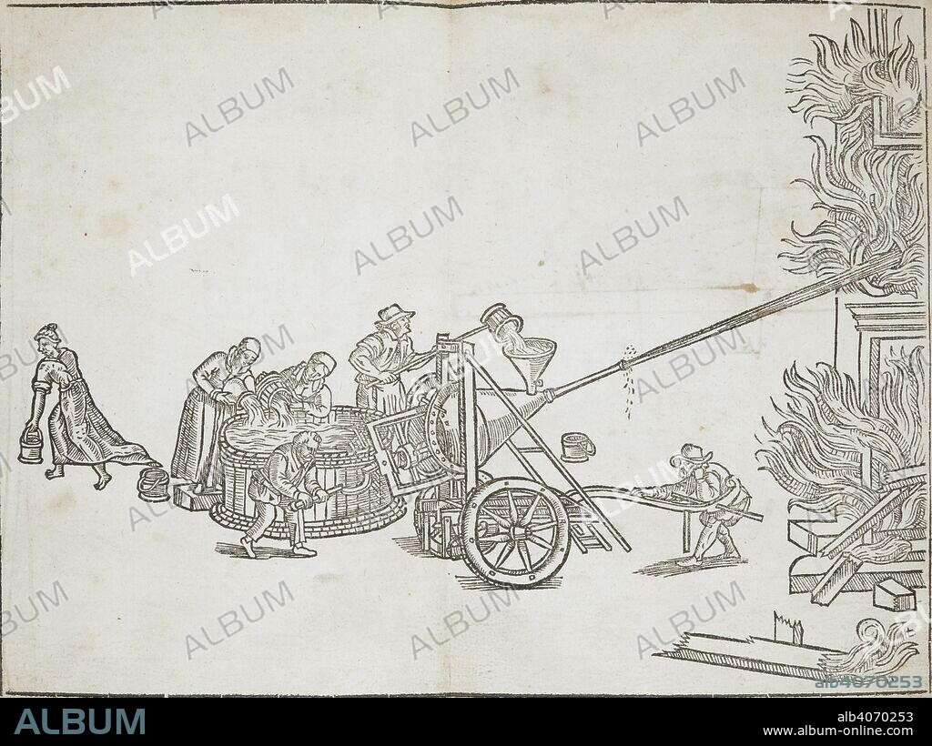 CYPRIAN. A LUCAR. People extinguishing a fire using an early form of fire fighting equipment. A treatise named Lucarsolace deuided into fovver bookes, which in part are collected out of diuerse authors in diuerse languages, and in part deuised by Cyprian Lucar Gentleman. London : imprinted by Richard Field for Iohn Harrison, 1590. Source: 1651/128, opposite f.157. Language: English.
