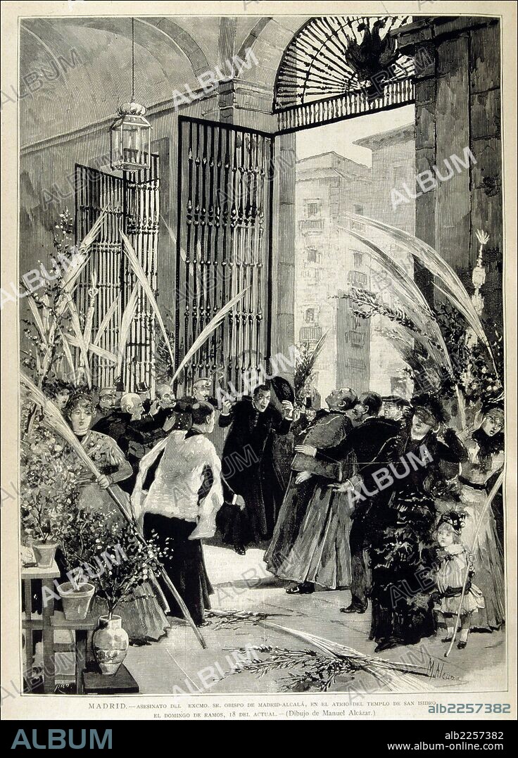 MARTINEZ IZQUIERDO , FRANCISCO. PRIMER OBISPO DE MADRID. RUEDA 1831 - 1886. " EL 18 - 4 - 1886 EL SACERDOTE CAYETANO GALEOTE ASESINA AL OBISPO DE MADRID EN EL. ATRIO DE LA IGLESIA DE SAN ISIDRO EN MADRID ". GRABADO. ILUSTRACION ESPAÑOLA Y AMERICANA.
