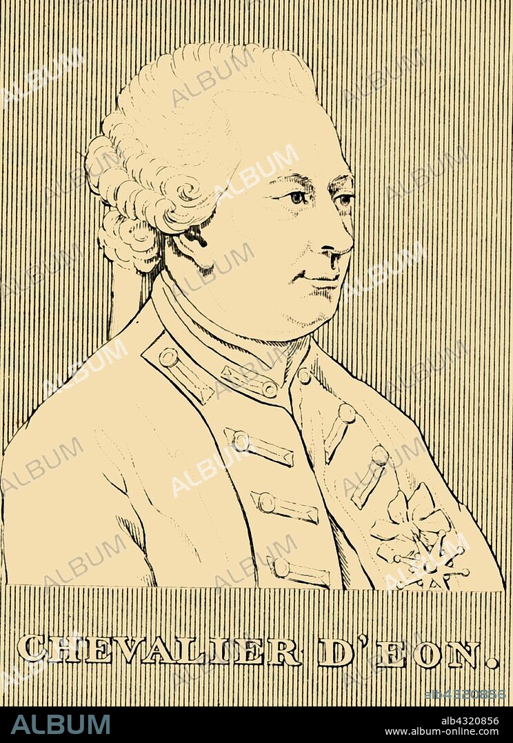 'Chevalier D'Eon', (1728-1810), 1830. Chevalier D'Eon (1728-1810) French diplomat, spy, Freemason and soldier who fought in the Seven Years' War. With  androgynous physical characteristics he successfully infiltrated the court of Empress Elizabeth of Russia by presenting as a woman   From "Biographical Illustrations", by Alfred Howard. [Thomas Tegg, R. Griffin and Co., J. Cumming, London, Glasgow and Dublin, 1830].