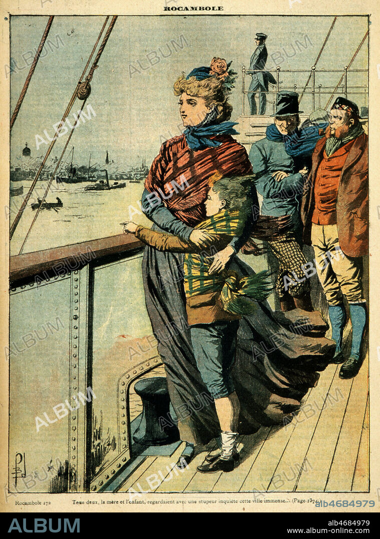'Tous deux, la mere et l'enfant, regardaient avec une stupeur inquiete cette ville immense'. Illustration de Rocambole par PONSON DU TERRAIL (1829-1871) realisee par BOMBLED (1862-1927) vers 1920. Credit : Collection KHARBINE-TAPABOR.