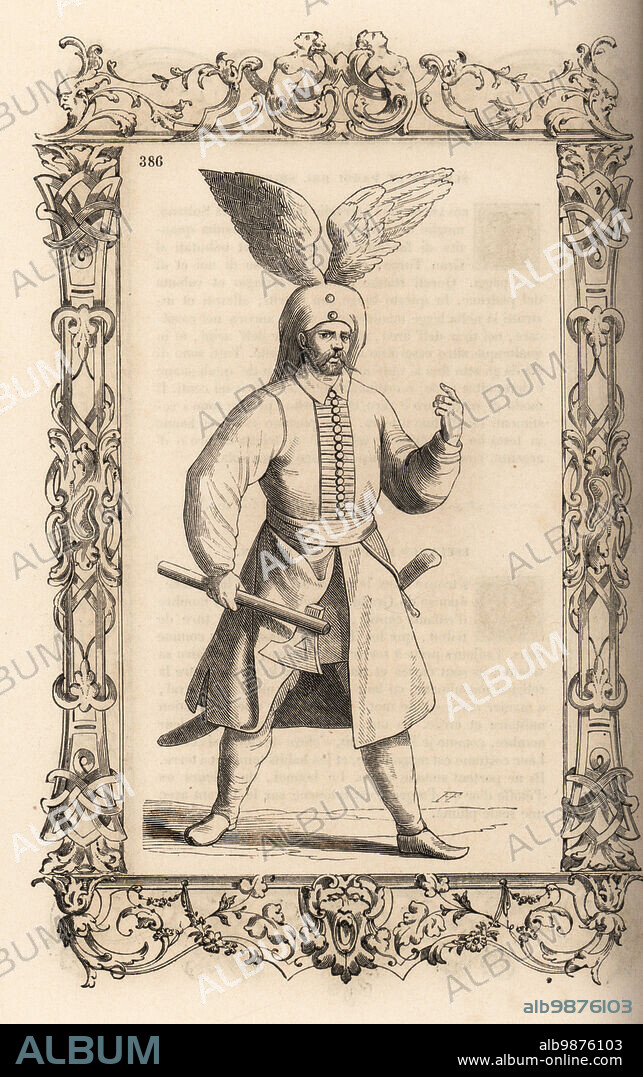 Turkish strongman or Roncassi. Bravo Turc, dit Roncassi. In Turkey, they follow the Pashas, Sanghiacchi and Beglierbei. They are called Delli, which in Turkish means crazy or daring, and wear wings on their heads to show they are mad. Within a decorative frame engraved by H. Catenacci and Fellmann. Woodblock engraving by Gerard Seguin and E.F. Huyot after Christoph Krieger in Cesare Vecellios Costumes anciens et modernes, Habits antichi et moderni di tutto il mondo, Firman Didot Ferris Fils, Paris, 1859-1860.