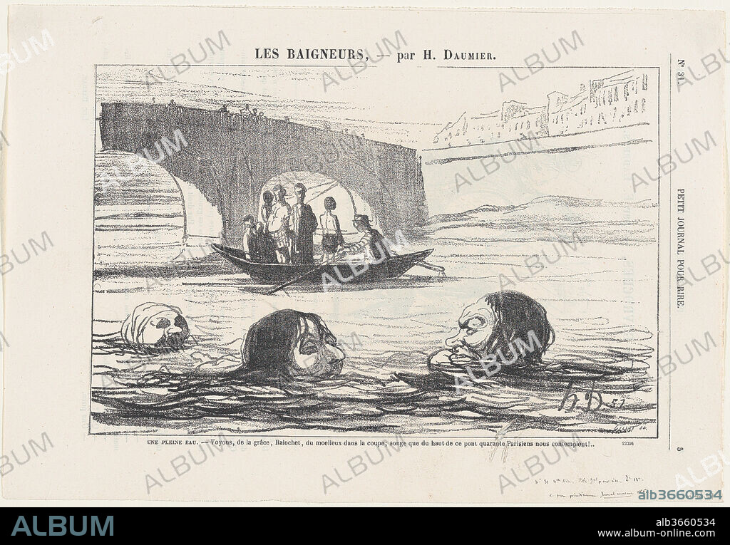 In the middle of the river: Come on, Balochet, give it a push!... You mustn't forget that some forty Parisians are watching us from the bridge up there!, from 'The bathers,' published in Le Petit Journal pour Rire, July 30, 1864. Artist: Honoré Daumier (French, Marseilles 1808-1879 Valmondois). Dimensions: Image: 6 5/16 × 9 5/8 in. (16 × 24.5 cm)
Sheet: 8 7/16 × 12 1/4 in. (21.4 × 31.1 cm). Series/Portfolio: 'The bathers' (Les baigneurs). Date: July 30, 1864.