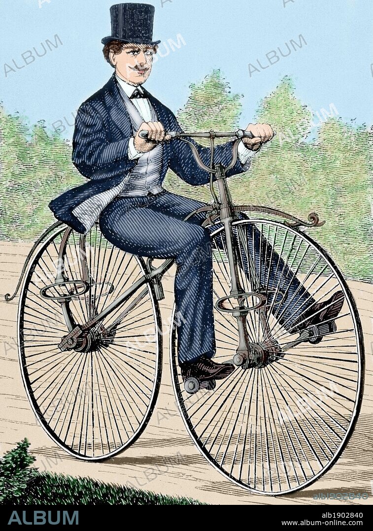 BICICLETA ANTIGUA. Estados Unidos. Grabado coloreado del siglo XIX.