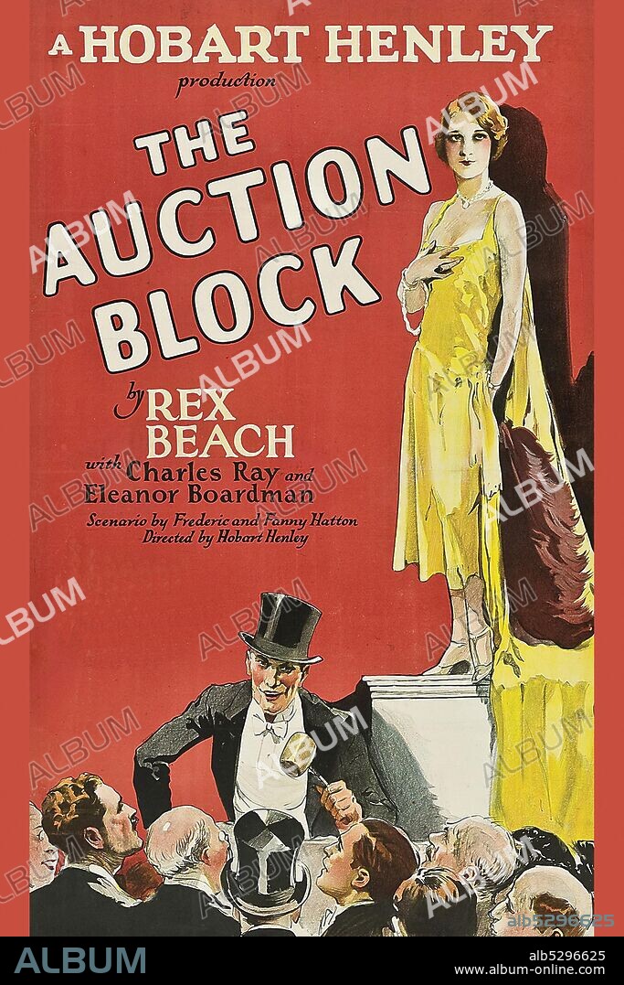 Flapper on a pedestal bid on by men in sale room.  The Auction Block is a 1926 American silent comedy film directed by Hobart Henley. The film stars Charles Ray and Eleanor Boardman. It is written by Fanny and Frederic Hatton and is based on the novel of the same name by Rex Beach..