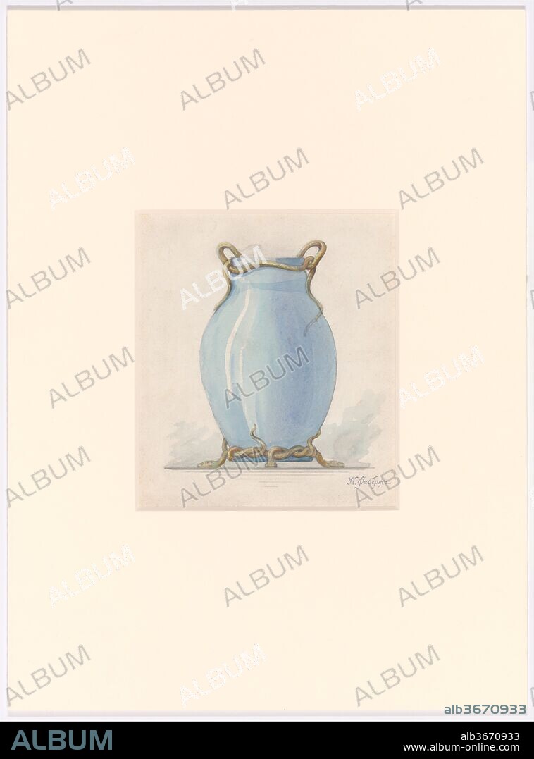 PETER CARL FABERGE. Design drawing. Artist: Peter Carl Fabergé (1846-1920). Culture: Russian. Dimensions: 10 1/8 × 7 3/4 in. (25.7 × 19.7 cm). Date: 1899-1904.
This design drawing and its accompanying silver-gilt and glass vase (2014.698.2) is one of a very few examples that represent the collaboration between Louis C. Tiffany and Tiffany & Co. in New York, Edouard Colonna in Paris, and the workshops of Fabergé in St. Petersburg, Russia. This beautifully rendered watercolor depicting a blue vase and silver-gilt mounts in the form of snakes, bears the signature of Carl Fabergé. Tiffany glass with Fabergé mounts are very rare, and this exquisite example is especially unique in that the watercolor and vase survive together.