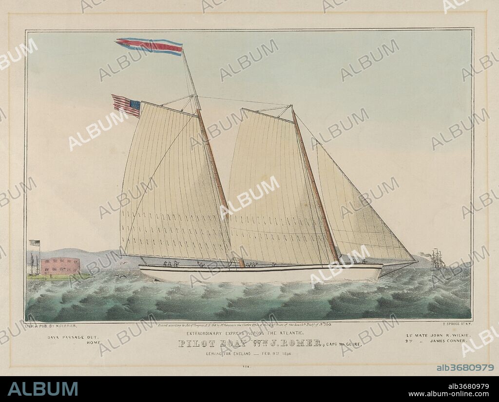 Extraordinary Express Across the Atlantic - Pilot Boat William J. Romer, Captain McGuire, Leaving for England February 9th, 1846. Dimensions: Image: 8 1/4 x 12 11/16 in. (21 x 32.2 cm)
Sheet: 13 7/16 x 18 1/16 in. (34.1 x 45.9 cm). Lithographer: Lithographed and published by Nathaniel Currier (American, Roxbury, Massachusetts 1813-1888 New York). Date: 1846.
A two-masted sailing vessel travels to the right through rough waves. Another ship can be seen to the right in the background and a building stands on an island at left. An American flag flies from the ship's stern as well as from a pole positioned next to the building. The island possibly portrays Governor's Island in New York Harbor.