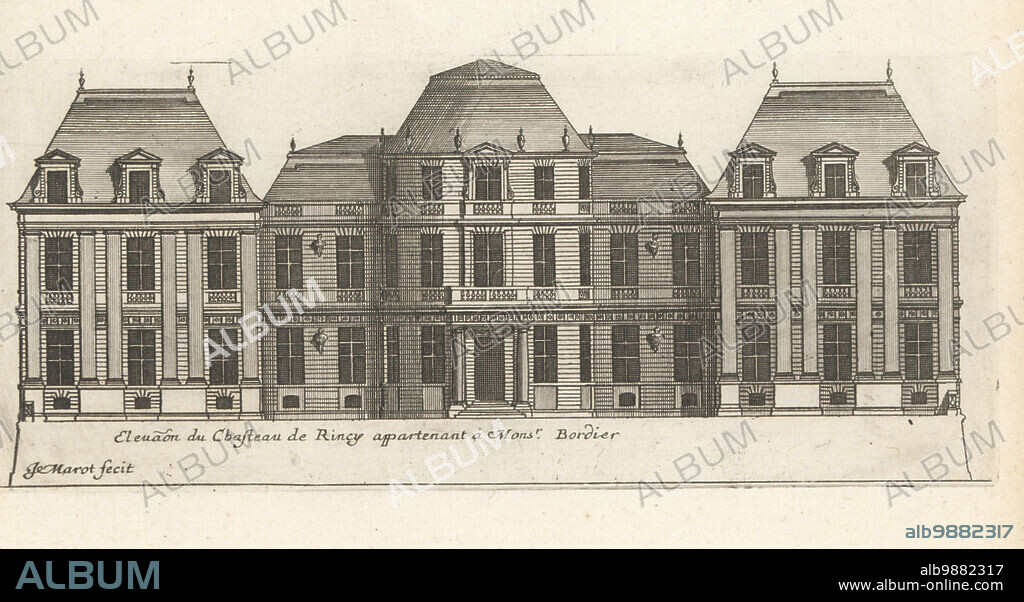 Elevation of the Chateau du Raincy, designed by French architect Louis Le Vau built between 1643 and 1650 for Jacques Bordier, intendant des finances. Elevation du Chasteau de Rincy appartenant a Monsr. Bordier. Copperplate engraving drawn and engraved by Jean Marot from his Recueil des Plans, Profils et Elevations de Plusieurs Palais, Chasteaux, Eglises, Sepultures, Grotes et Hotels, Collection of Plans, Profiles and Elevations of Palaces, Castles, Churches, Tombs, Grottos and Hotels, chez Mariette, Paris, 1655.