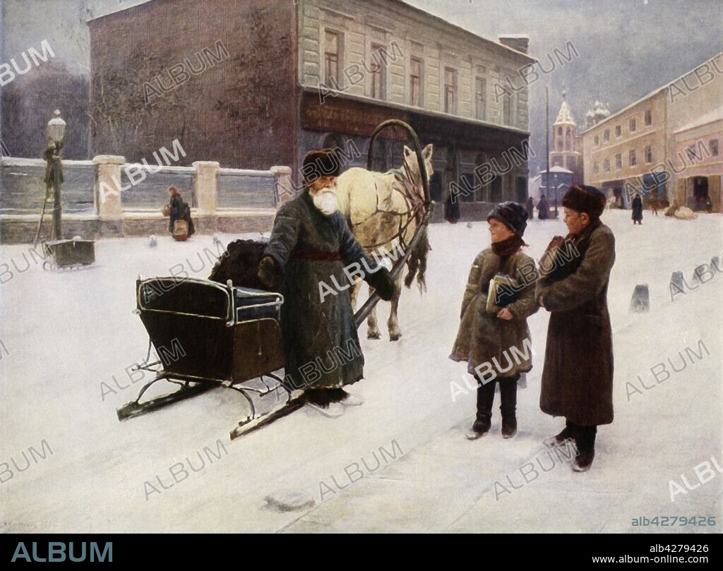 NIKOLAI ALEKSEEVICH KASATKIN. 'The Joke', 1892, (1965). Russian winter scene: a man gesticulates at two boys. Painting in the State Tretyakov Gallery, Moscow. From "Russian Painting of the 18th and 19th Centuries" by Vladimir Fiala. [Artia, Czechoslovakia, 1965].