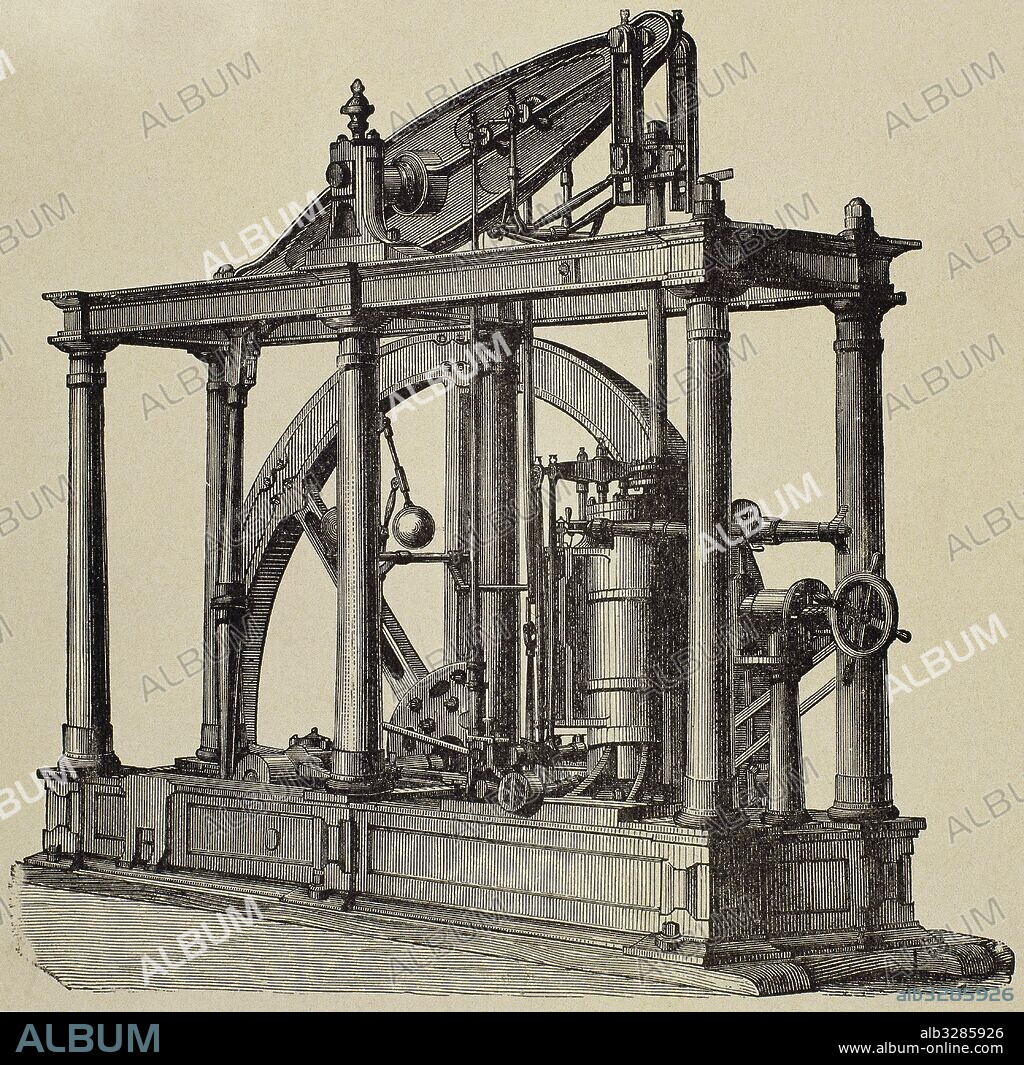 Máquina de vapor a balancín de James Watt (1736-1819). Grabado del siglo XIX.