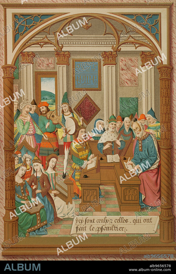 FIRMIN DIDOT (1764-1836). FRENCH PRINTER AND ENGRAVER.. Renato I de Nápoles (1409-1480). Rey de Nápoles.También llamado Renato de Anjou, Renato de Sicilia y Renato el Bueno, y rey René en Francia. El rey René y su corte musical. Cromolitografía por Firmin Didot a partir de una miniatura del "Breviario del rey René", del siglo XV. "Les Arts au Moyen Age et a l'Epoque de la Renaissance", por Paul Lacroix. París, 1877.