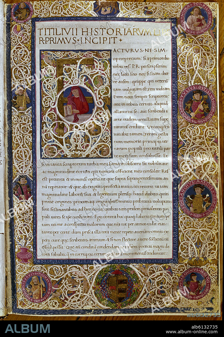 TITO LIVIO (59 AC-17 DC). MS G-1-7-FOL 1-HISTORIA DE ROMA-TITO LIVIO PRESENTA EL LIBRO.