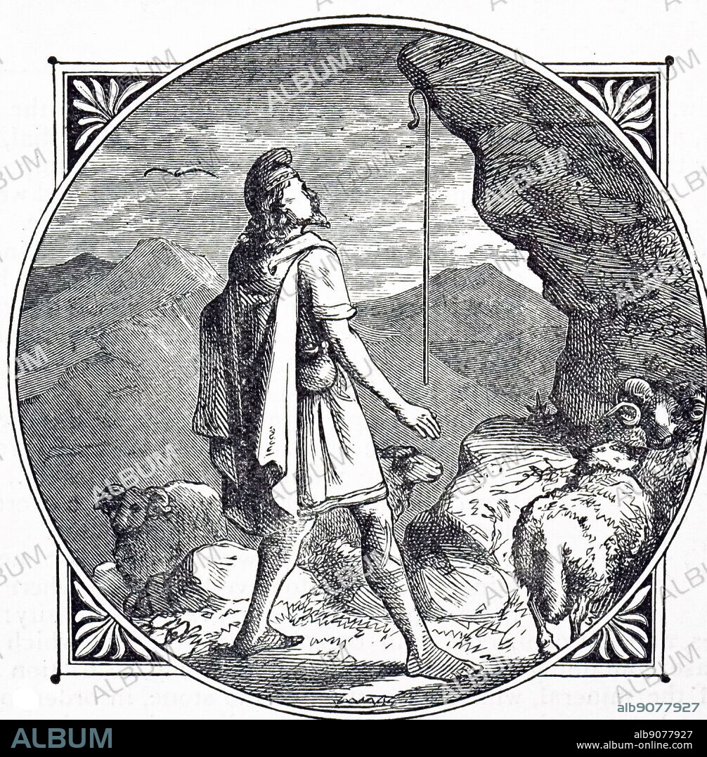 An engraving depicting Magnes the shepherd on Mount Ida, a mythological figure who discovered natural magnetism. Dated 19th century.