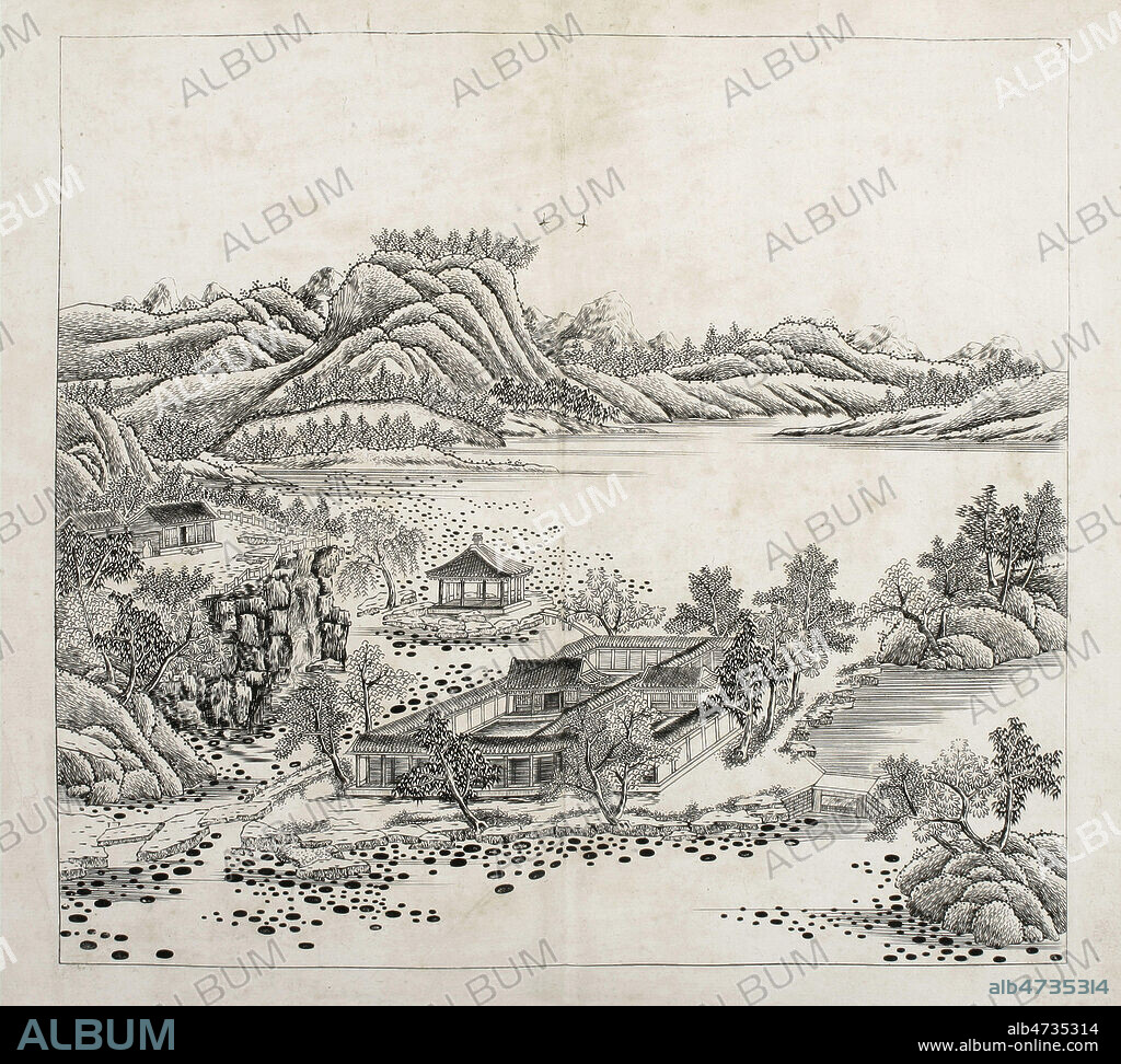 Description topographique des endroits de recreation de l'Empereur Tartare Sinico, situes aux confins de la Tartarie, dicvisee en 36 terres, par Matteo RIPA, 1713. 18eme siecle. Gravures sur cuivre, vue des palais et jardins imperiaux de Jehol en Mandchourie, villegiature de l'empereur de Chine SHENGZU. Premiers specimens de gravures sur cuivre jamais realises en Chine. Credit MIGNY/KHARBINE TAPABOR.