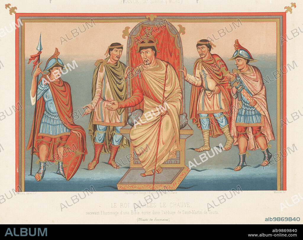 King Charles the Bald receiving the Vivien Bible, c. 845. Charles on his throne with crown and sceptre, Count Vivien at his right in chlamys and short tunic, pantalons, garters and boots with exposed toes. Two royal squires in Roman or Greek military armour holding the king's weapons. From the manuscript Bible written in the Abbey of Saint-Martin de Tours. Le Roi Charles le Chauve, France, IXe siecle. MS Latin 1 Folio 423r, Musee des Souverains, Louvre. Chromolithograph by Moulin after an illustration by Mathieu from Charles Louandres Les Arts Somptuaires, The Sumptuary Arts, Hangard-Mauge, Paris, 1858.