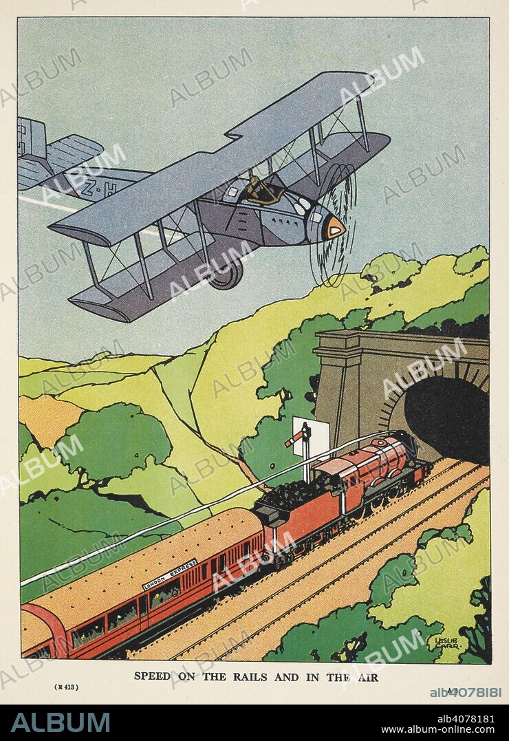 LESLIE CARR and CYRIL HALL. Speed on the rails and in the air.' A train going under a tunnel. An areoplane flying above. . Motor and Plane ... Illustrated, etc. London ; Glasgow : Blackie & Son, [1932]. Source: 012803.l.38 page 9.