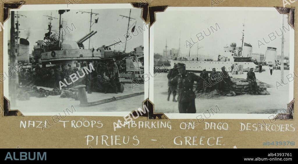 Photograph - 'Nazi Troops Embarking on Dago Destroyers', Piraeus, Greece, World War II, 1941-1942, Black and white photograph from a photography album by David Ralph Goodwin, RAN. The album contains 108 black and white photographs from World War II, many highly significant, showing sea battles (live fire), survivors, wounded and the dead being buried at sea. The photographs are secured with photo corners - a few now adrift. Includes images of German troops evacuating from Greece; German.