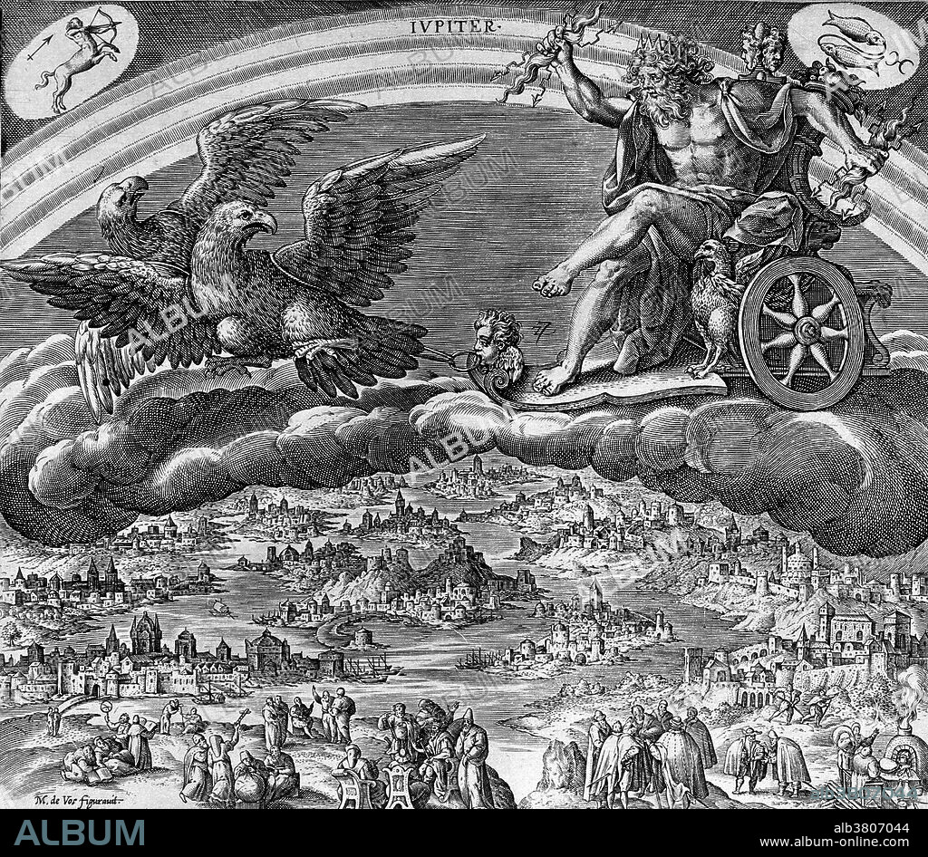 Jupiter in his chariot drawn by eagles. In ancient Roman religion and myth, Jupiter or Jove is the king of the gods and the god of sky and thunder. Jupiter was the chief deity of Roman state religion throughout the Republican and Imperial eras, until Christianity became the dominant religion of the Empire. He is usually thought to have originated as a sky god. His identifying implement is the thunderbolt, and his primary sacred animal is the eagle, which held precedence over other birds in the taking of auspices and became one of the most common symbols of the Roman army. The Romans regarded Jupiter as the equivalent of the Greek Zeus, and in Latin literature and Roman art, the myths and iconography of Zeus are adapted under the name Iuppiter. In Greco-Roman mythology, Jupiter was the brother of Neptune and Pluto. Each presided over one of the three realms of the universe: sky, the waters, and the underworld. Engraving by Jan Sadeler after Martin de Vos.