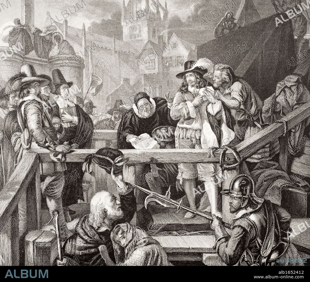 The Marquis of Montrose at the place of execution in the High Street of Edinburgh, 1650. James Graham, 5th Earl and 1st Marquess of Montrose, Earl of Kincardine, Lord Graham and Mugdock, 1612-1650 Scottish general during English Civil Wars.Engraved by T. Bauer after E.M.Ward. From the book 'Illustrations of English and Scottish History' Volume 1.