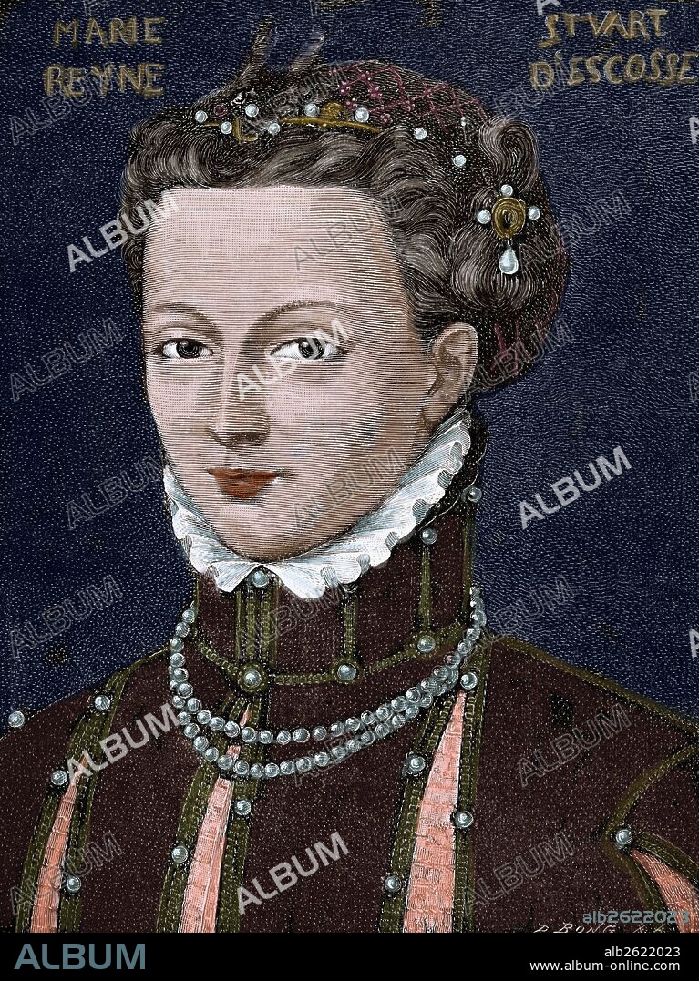 Mary, Queen of Scots (1542-1587). Queen of Scotland and Queen consort of France. Engraving by R. Bong. Historia Universal, 1885. Original portrait by F. Clouet (16th c). Colored.