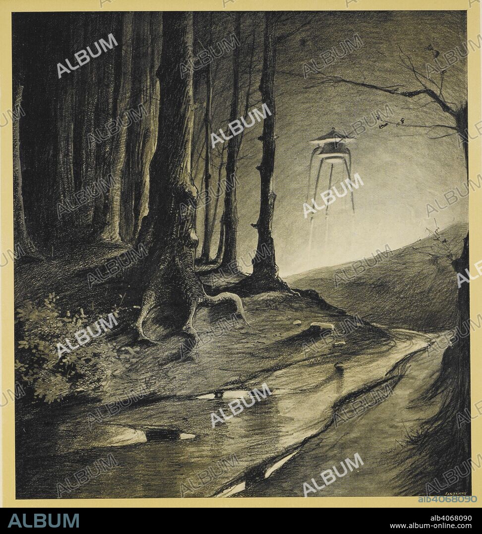 HERBERT GEORGE WELLS y HENRIQUE ALVIM CORREA. A tripod in the woods. Dead birds in a stream. Illustration from 'war of the worlds'. [The war of the worlds ] La guerre des mondes. Traduit de l'anglais par Henry-D. Davray. edition illustree par Alvim-Correa. Jette-Bruxelles: L. Vandamme & Co., 1906. Science fiction. Source: L.45/3317 page 54. Language: French.