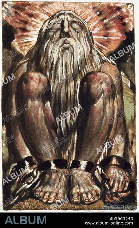 WILLIAM BLAKE. Blake, William. 1757 - 1827. Illustration for "The Book of Urizen", p. 11. Relief etching, with watercolour and ink wash, 1794.