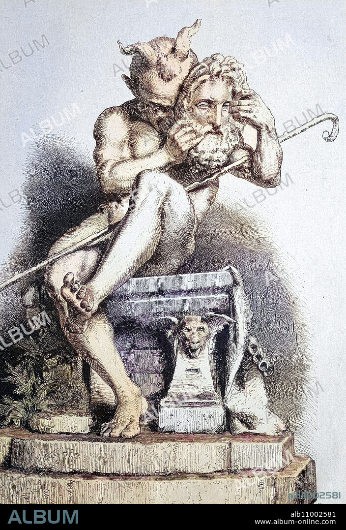 Faun with Zeus mask, Faunus, also known as the wolf god, the ancient Italian god of the outdoors, the protector of farmers and shepherds, their cattle and their fields, Historical, digitally restored reproduction from a 19th century original, coloured.
