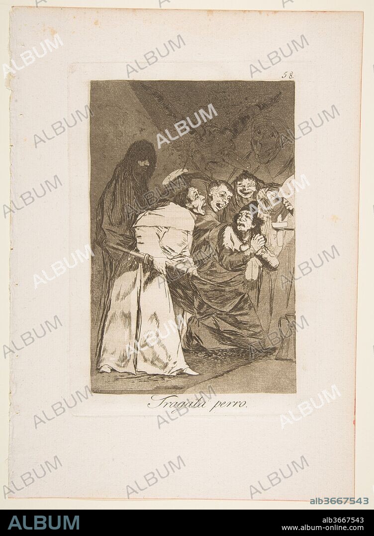 Plate 58 from 'Los Caprichos': Swallow it, dog (Tragala perro.). Artist: Goya (Francisco de Goya y Lucientes) (Spanish, Fuendetodos 1746-1828 Bordeaux). Dimensions: Plate: 8 7/16 × 5 15/16 in. (21.5 × 15.1 cm)
Sheet: 11 5/8 x 8 1/4 in. (29.5 x 20.9 cm). Series/Portfolio: Los Caprichos. Date: 1799.