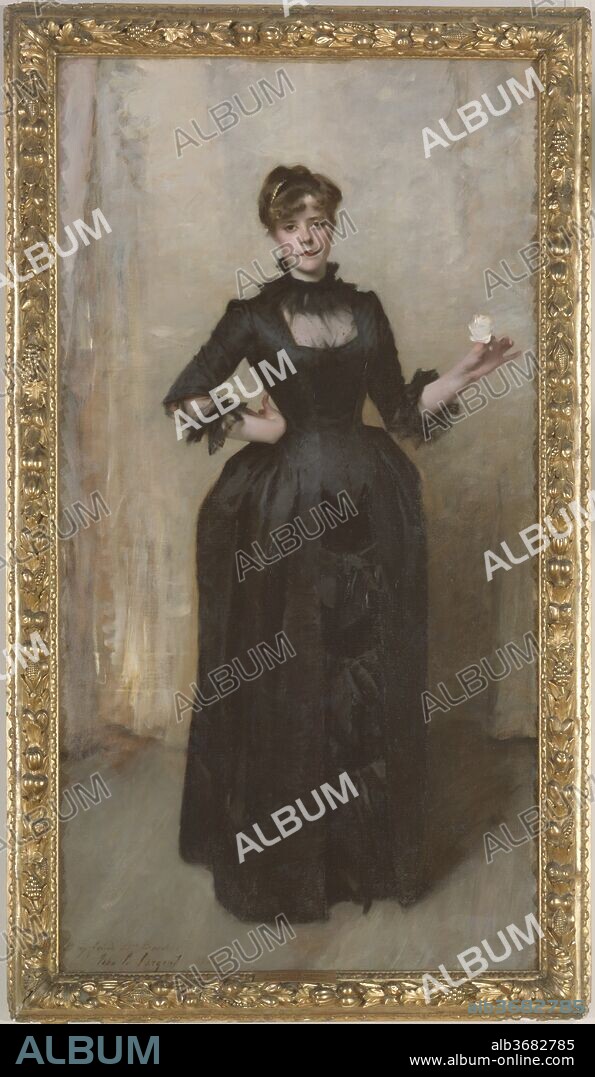 Lady with the Rose (Charlotte Louise Burckhardt). Artist: John Singer Sargent (American, Florence 1856-1925 London). Dimensions: 84 x 44 3/4 in. (213.4 x 113.7 cm). Date: 1882.
Sargent's sitter for this portrait was the twenty-year-old daughter of a Swiss merchant and his American wife, members of the artist's cosmopolitan circle in Paris. The monochromatic palette, shallow space, and emphasis on the figure's silhouette pay tribute to the Spanish master Diego Velázquez, whose work Sargent's Parisian teacher, Carolus-Duran, had encouraged him to study. Sargent exhibited the portrait to great acclaim at the Paris Salon of 1882. In the words of the novelist Henry James, it offered "the slightly 'uncanny' spectacle of a talent which on the very threshold of its career has nothing more to learn.".