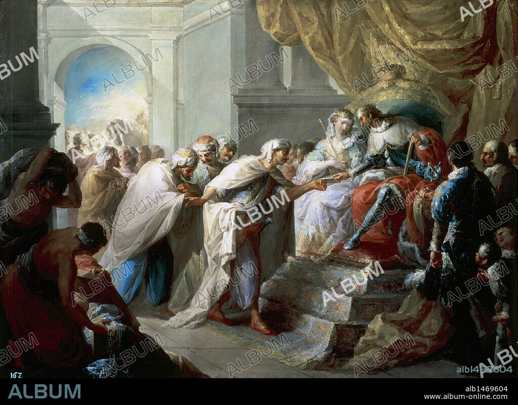 VICENTE LOPEZ PORTAÑA. REYES CATOLICOS. ISABEL I (1451-1504) y FERNANDO II (1452-1516). "LOS REYES CATOLICOS RECIBIENDO A UNA EMBAJADA DE FEZ" (1790). Oleo de Vicente López Portaña (1722-1850). Museo de la Real Academia de Bellas Artes de San Fernando. Madrid. España.