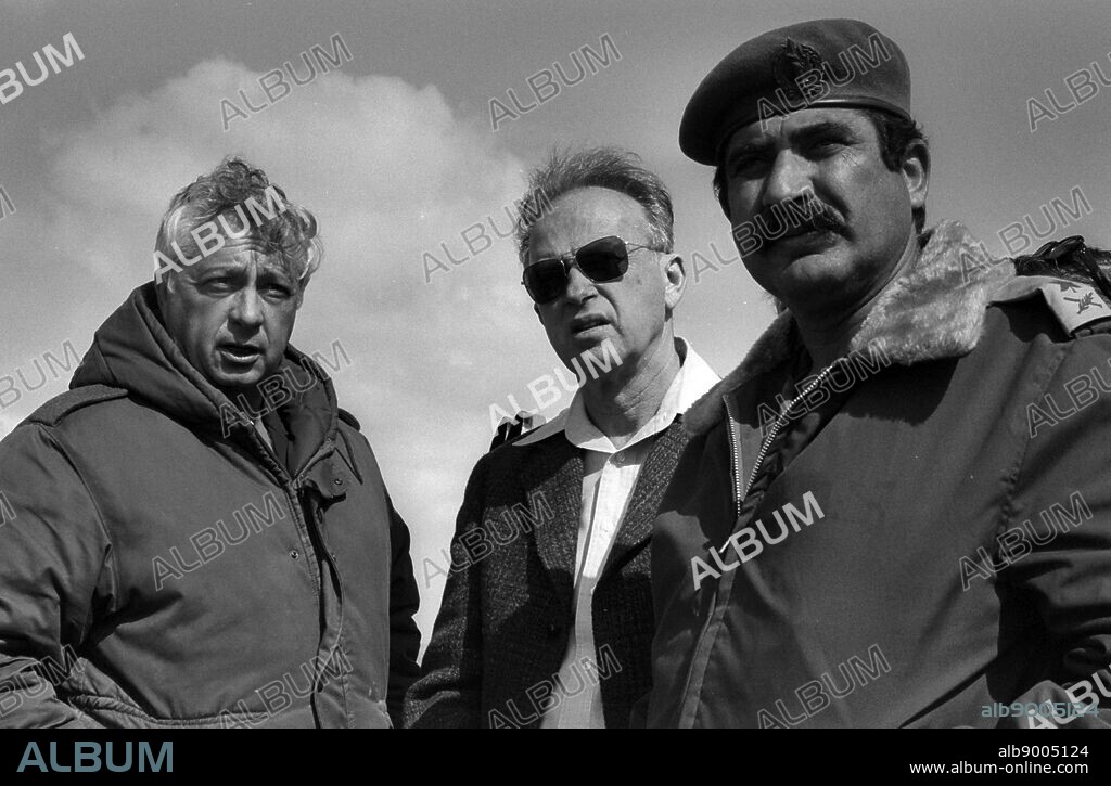 left to right: some of Israel's military commanders general Ariel Sharon, Prime Minister Yitzchak Rabin, General Yekutiel Adam 1976.