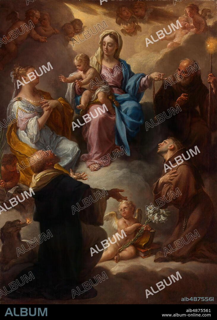 Francesco Trevisani, Madonna of the Rosary (La Madone du Rosaire), 1714-1715, oil on canvas, 29x 21 in. (73.66x 53.34 cm), This beautifully composed and vividly colored Roman painting from the early years of the eighteenth century is either a fully executed modello made during the preparation of the altarpiece or a ricordo, a smaller version created after the altarpiece was finished. Cardinal Sacripanti commissioned the altar in the cathedral of his hometown, Narni, in central Italy. Located in a chapel dedicated to the Blessed Lucy, the altarpiece demonstrates Trevisani's masterful talent at the height of his career. The artist has drawn from venerable traditions of Italian painting to bring this imagined conversation to life. Surrounding the Virgin and Child are the adoring Saints Catherine, Dominic, Francis of Paola, and Anthony of Padua. Trevisani completed three additional canvases for the chapel dedicated to mystical visions of the Blessed Lucy and the Death of Saint Joseph.